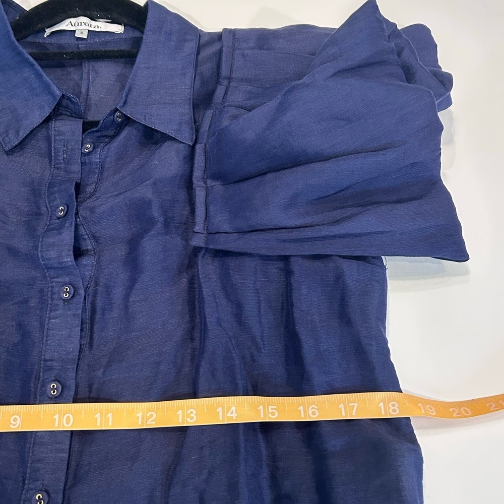 Aureta Studio Stella Blouse S Navy Blue Linen Silk Puff Sleeves Top Luxury Drama - Picture 12 of 13